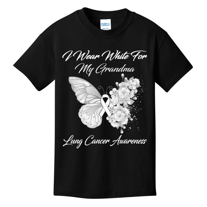 Butterfly I Wear White For My Grandma Lung Cancer Awareness Kids T-Shirt