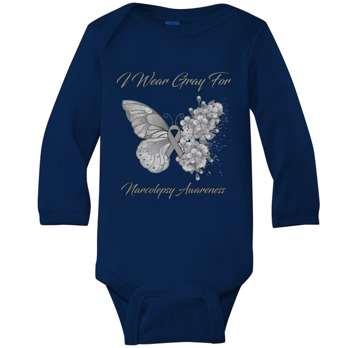 Butterfly I Wear Gray For Narcolepsy Awareness Gift Baby Long Sleeve Bodysuit