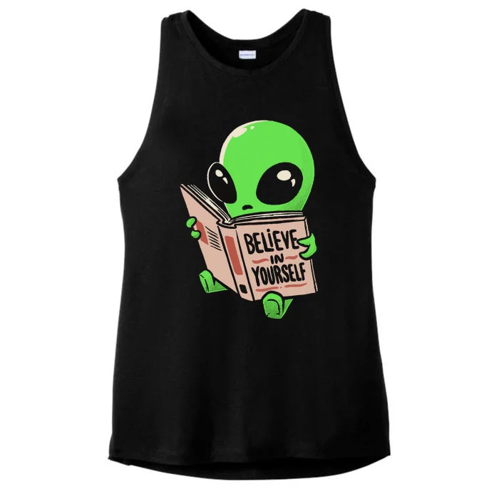 Believe In Yourself Funny Book Alien Ladies Tri-Blend Wicking Tank