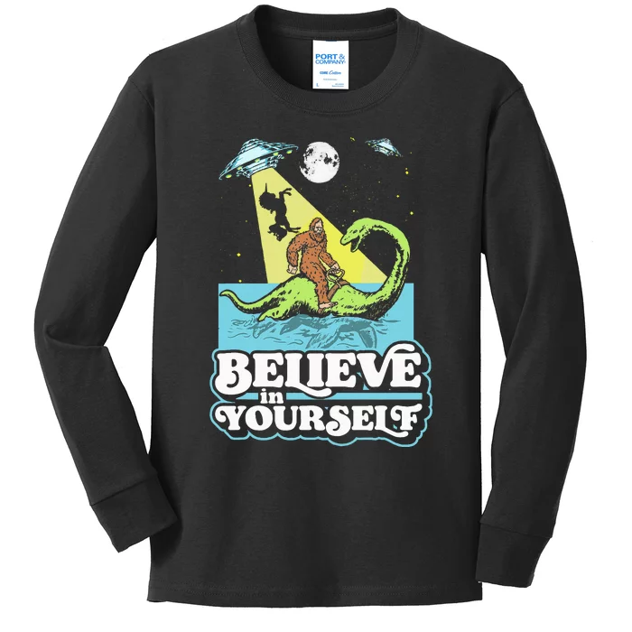 Believe In Yourself Funny Bigfoot Nessie Ufo Alien Unicorns Kids Long Sleeve Shirt