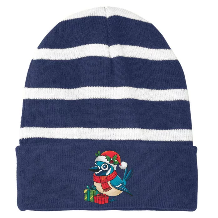 Blue Jay Bird Lover Xmas Party Santa Hat Blue Jay Christmas Striped Beanie with Solid Band