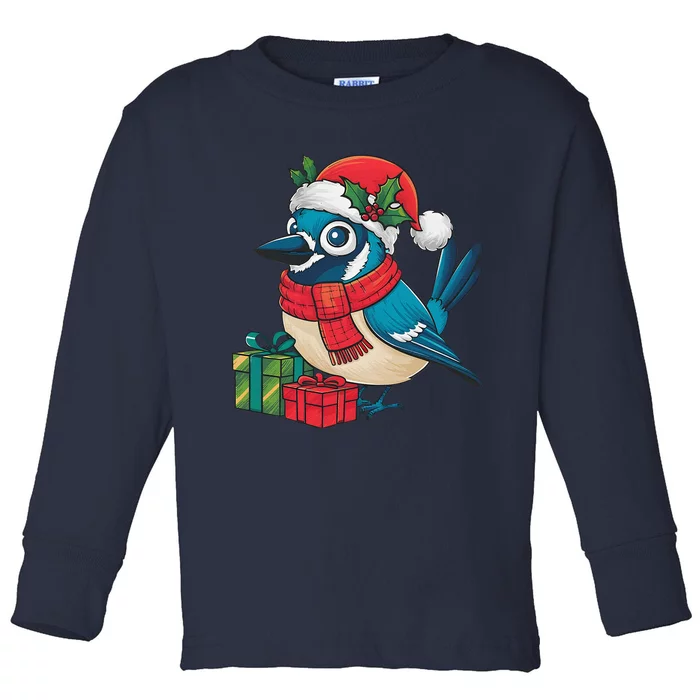 Blue Jay Bird Lover Xmas Party Santa Hat Blue Jay Christmas Toddler Long Sleeve Shirt