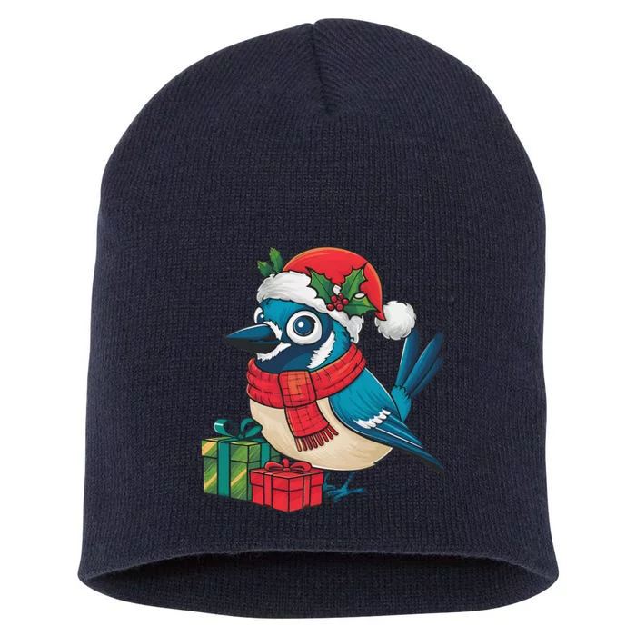 Blue Jay Bird Lover Xmas Party Santa Hat Blue Jay Christmas Short Acrylic Beanie