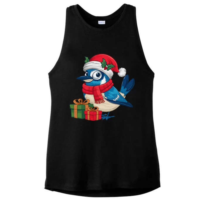 Blue Jay Bird Lover Xmas Holiday Santa Blue Jay Christmas Ladies Tri-Blend Wicking Tank