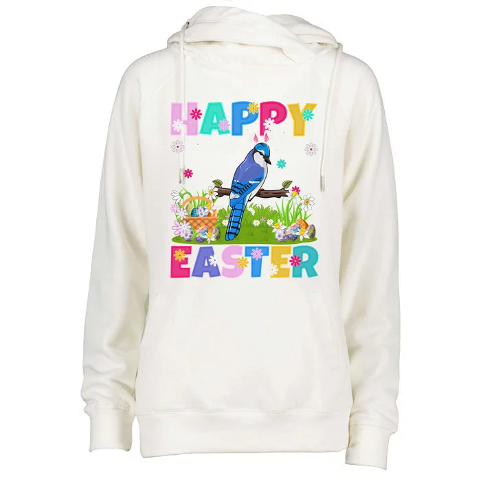 Blue Jay Bird Happy Easter Bunny Blue Jay Easter Sunday Meaningful Gift Womens Funnel Neck Pullover Hood