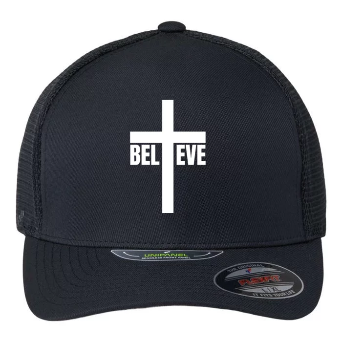 Believe Jesus Christ Cross Easter Faith Flexfit Unipanel Trucker Cap