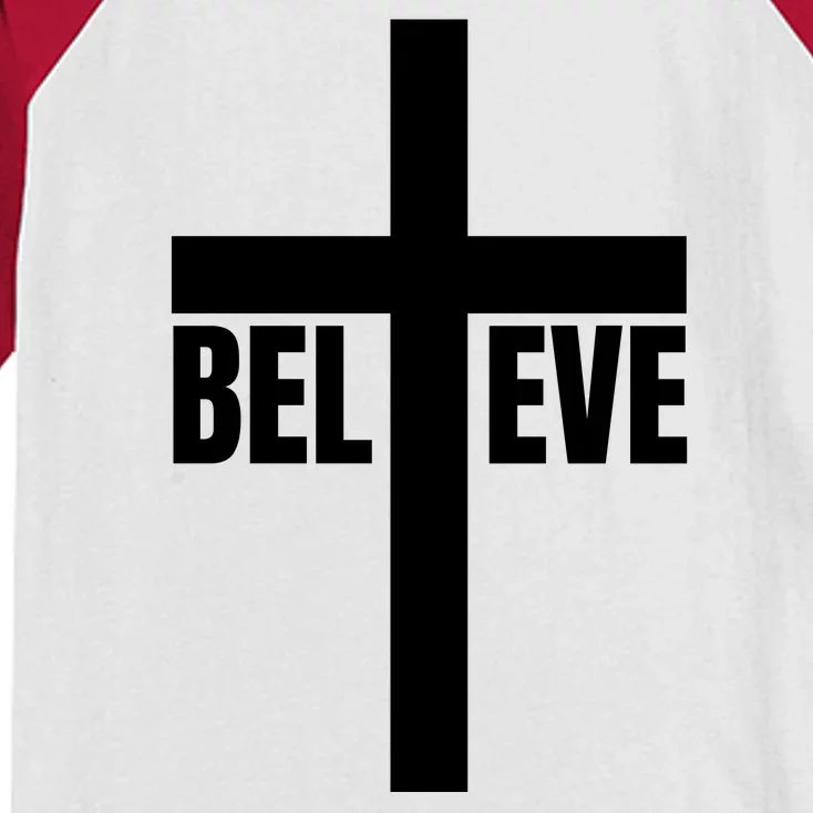 Believe Jesus Christ Cross Easter Faith Kids Colorblock Raglan Jersey