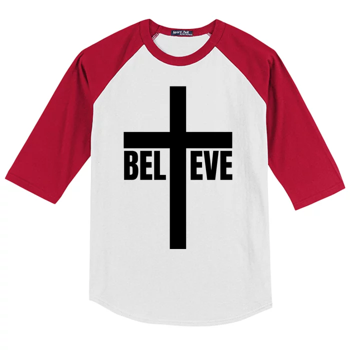 Believe Jesus Christ Cross Easter Faith Kids Colorblock Raglan Jersey