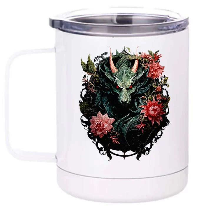 Beautiful Jade Dragon Floral Art Noveau Front & Back 12oz Stainless Steel Tumbler Cup