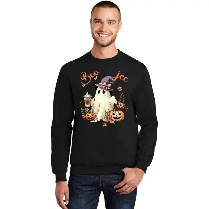 Boo Jee Ghost Drinking Coffee Coquette Bow Halloween Tall Sweatshirt