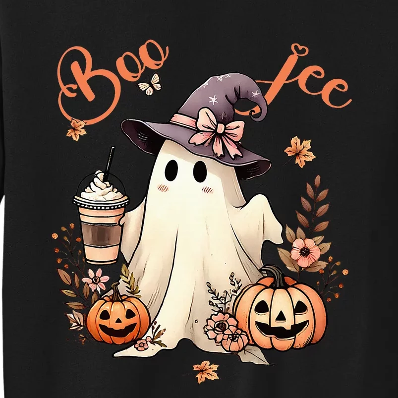 Boo Jee Ghost Drinking Coffee Coquette Bow Halloween Tall Sweatshirt