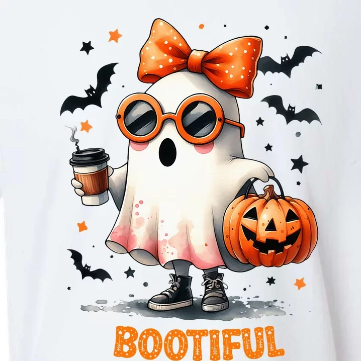 Boo Jee Ghost Drinking Coffee Coquette Bow Halloween Wome Sueded Cloud Jersey T-Shirt