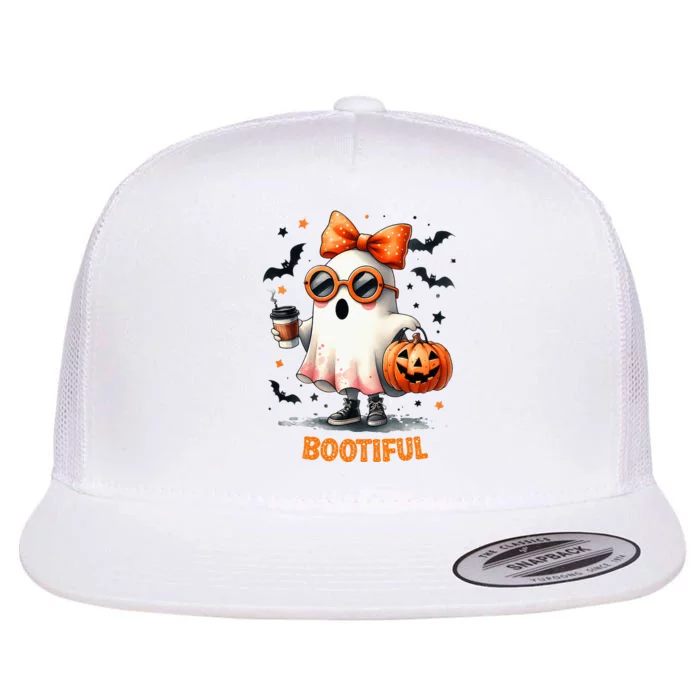 Boo Jee Ghost Drinking Coffee Coquette Bow Halloween Wome Flat Bill Trucker Hat