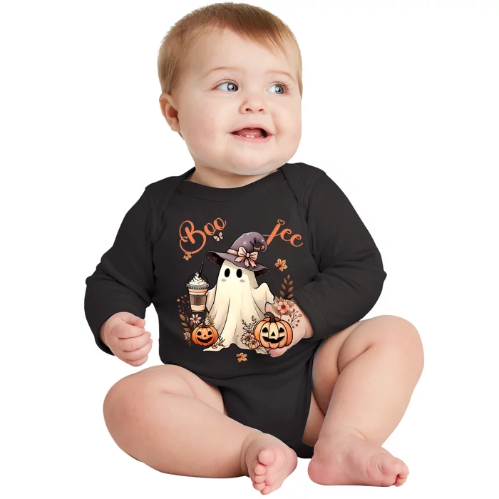 Boo Jee Ghost Drinking Coffee Coquette Bow Halloween Baby Long Sleeve Bodysuit