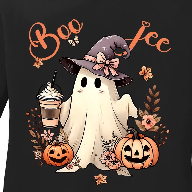 Boo Jee Ghost Drinking Coffee Coquette Bow Halloween Ladies Long Sleeve Shirt