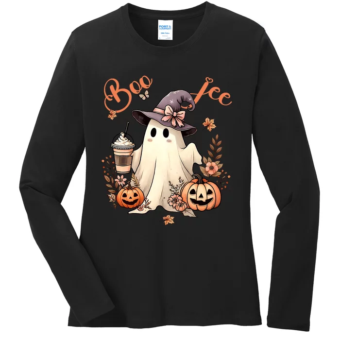 Boo Jee Ghost Drinking Coffee Coquette Bow Halloween Ladies Long Sleeve Shirt