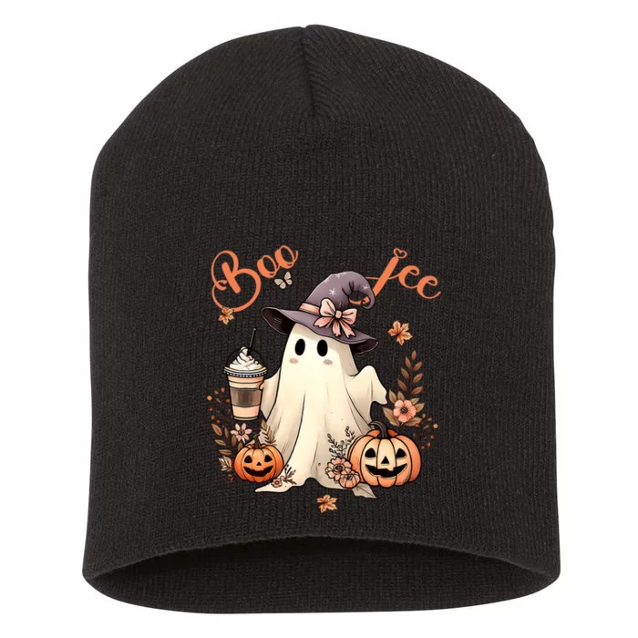 Boo Jee Ghost Drinking Coffee Coquette Bow Halloween Short Acrylic Beanie