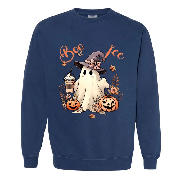 Boo Jee Ghost Drinking Coffee Coquette Bow Halloween Garment-Dyed Sweatshirt