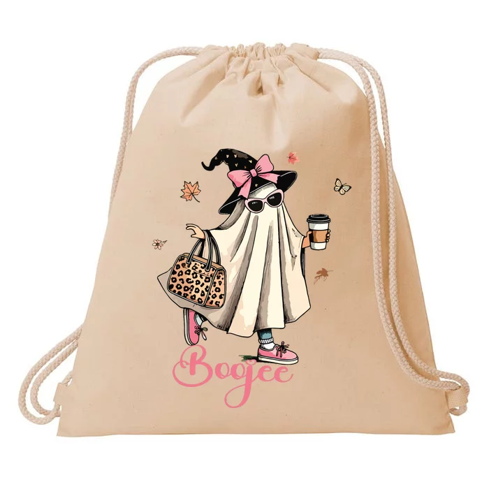 Boo Jee Ghost Drinking Coffee Coquette Bow Halloween Women Drawstring Bag