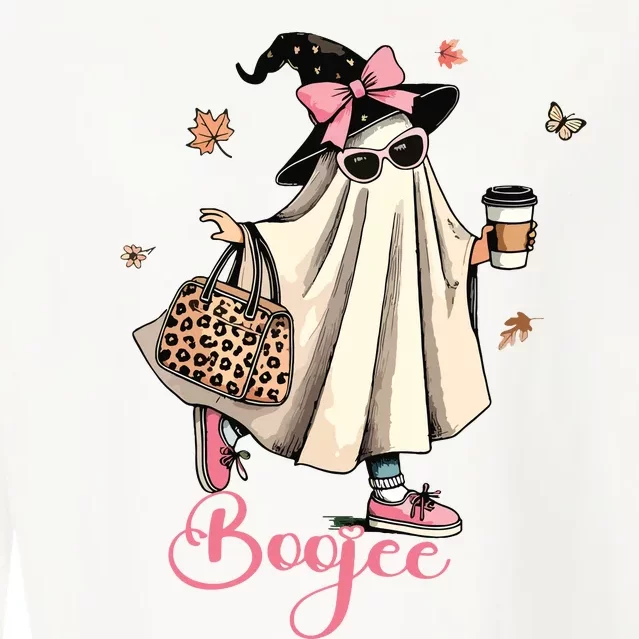 Boo Jee Ghost Drinking Coffee Coquette Bow Halloween Women Cropped Pullover Crew