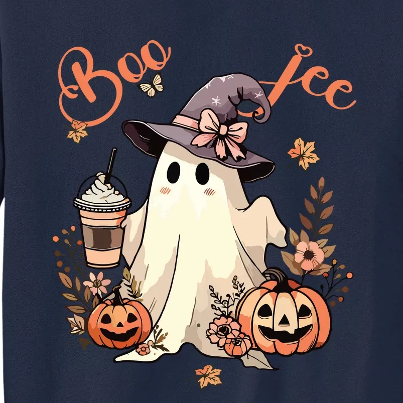 Boo Jee Ghost Drinking Coffee Coquette Bow Halloween Women Tall Sweatshirt