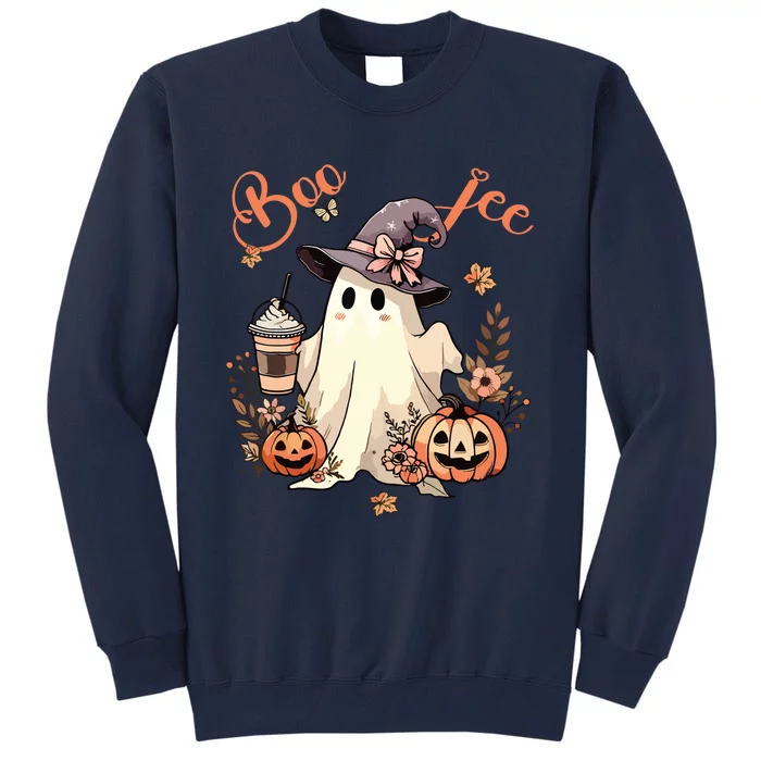 Boo Jee Ghost Drinking Coffee Coquette Bow Halloween Women Tall Sweatshirt