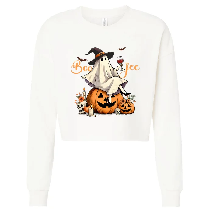 Boo Jee Ghost Ice Coffee Coquette Bow Halloween Cropped Pullover Crew