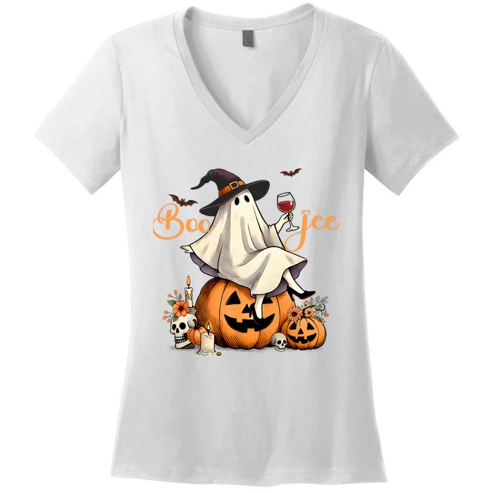 Boo Jee Ghost Ice Coffee Coquette Bow Halloween Women's V-Neck T-Shirt