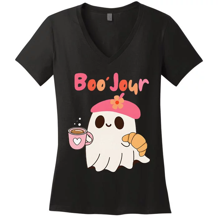 Boo Jour Ghost French Teacher Vintage Teacherlife Groovy Gift Women's V-Neck T-Shirt