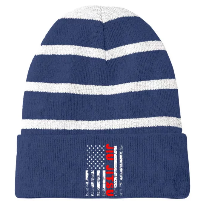 Brazilian Jiu Jitsu American Flag US Sports Striped Beanie with Solid Band