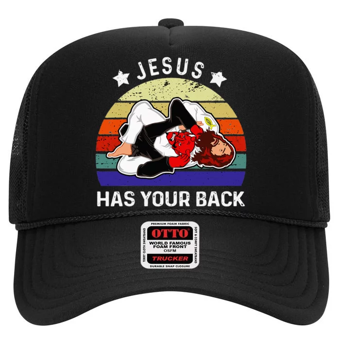 Brazilian Jiu Jitsu Jesus Jesus Has Your Back High Crown Mesh Trucker Hat