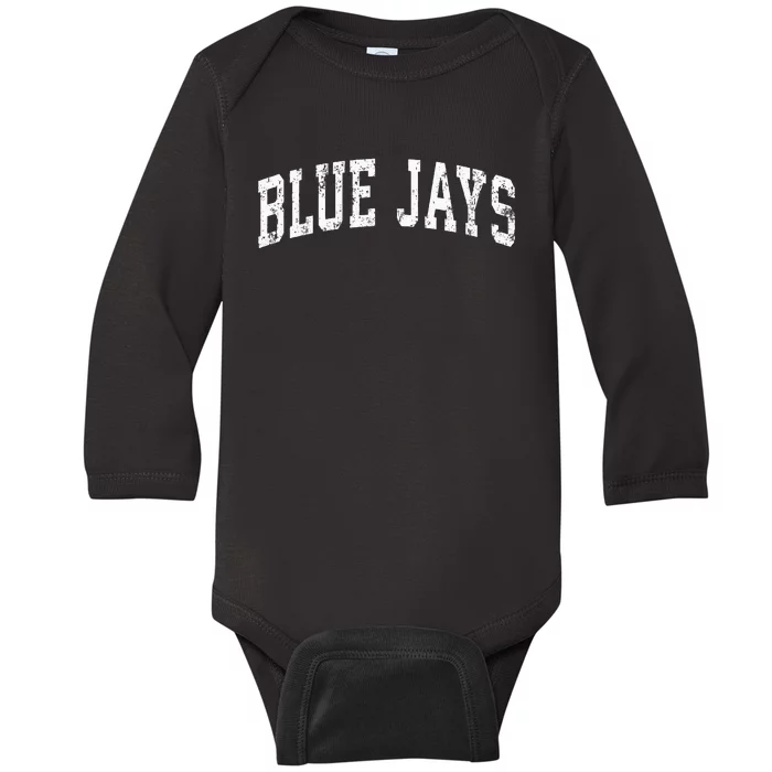 Blue Jays Mascot Vintage Athletic Sports Name Design Baby Long Sleeve Bodysuit