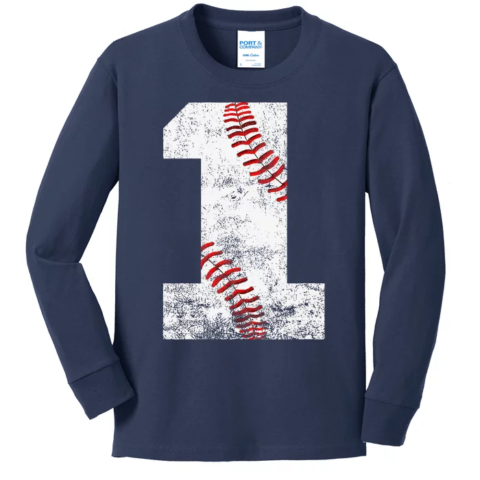 Baseball Jersey Number 1 Vintage 1st Birthday Kids Long Sleeve Shirt