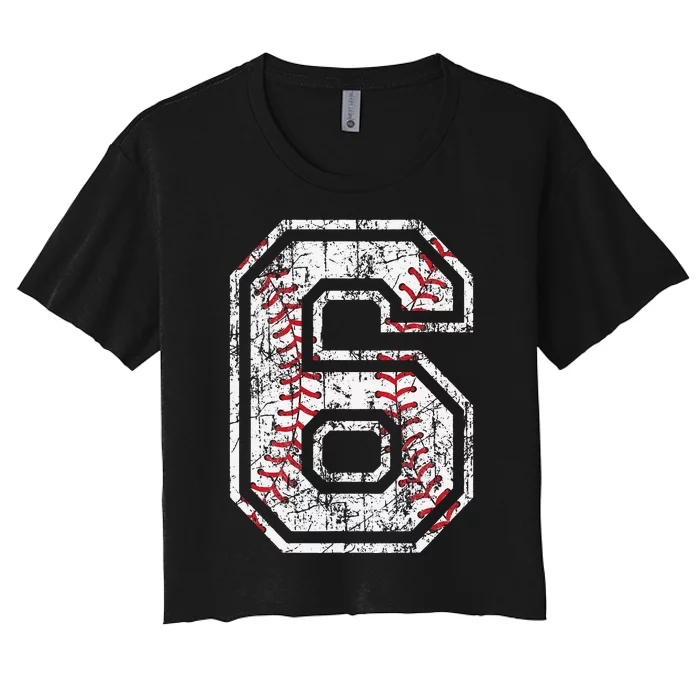 Baseball Jersey Number 6 Vintage Distressed 6th Birthday Women's Crop Top Tee