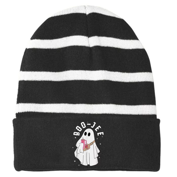 Boo Jee Spooky Season Cute Ghost Halloween Costume Boujee Striped Beanie with Solid Band