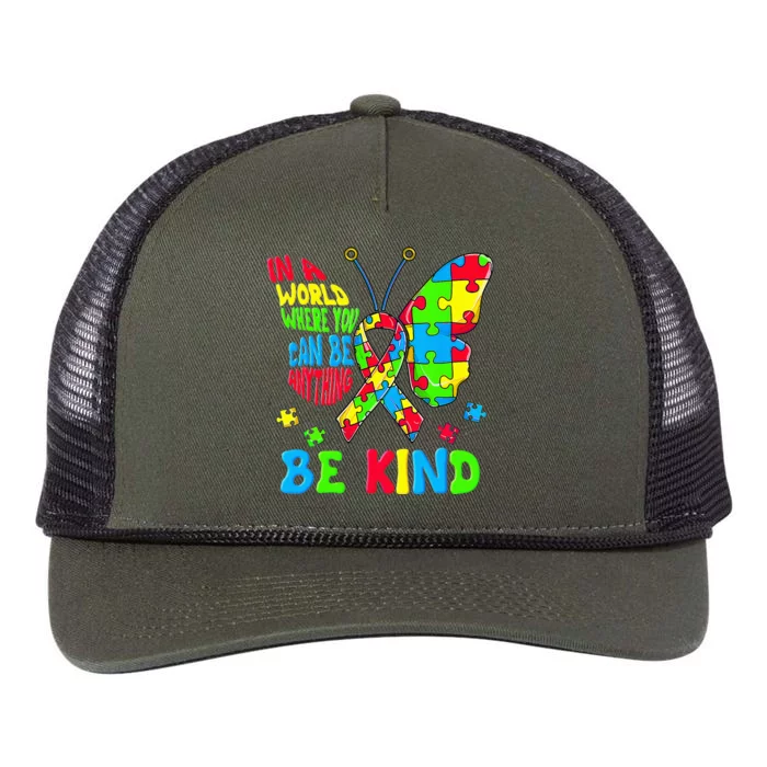 Be Kind Autism Awareness Kindness Puzzle Ribbon Butterfly Retro Rope Trucker Hat Cap