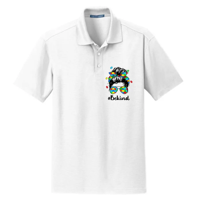 Be Kind Autism Awareness Messy Bun Woman Dry Zone Grid Performance Polo