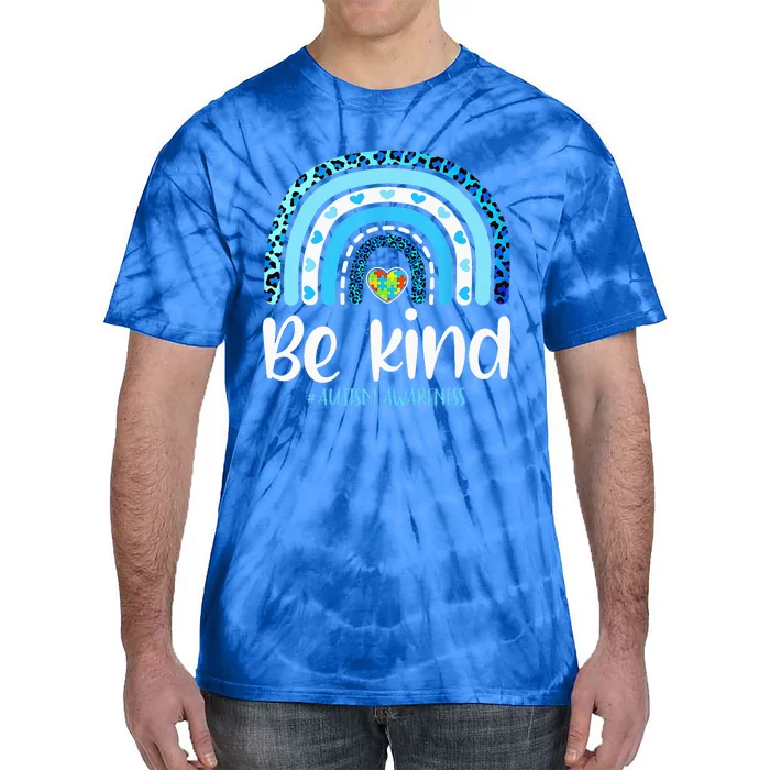 Be Kind Autism Awareness Women Leopard Rainbow Tie-Dye T-Shirt