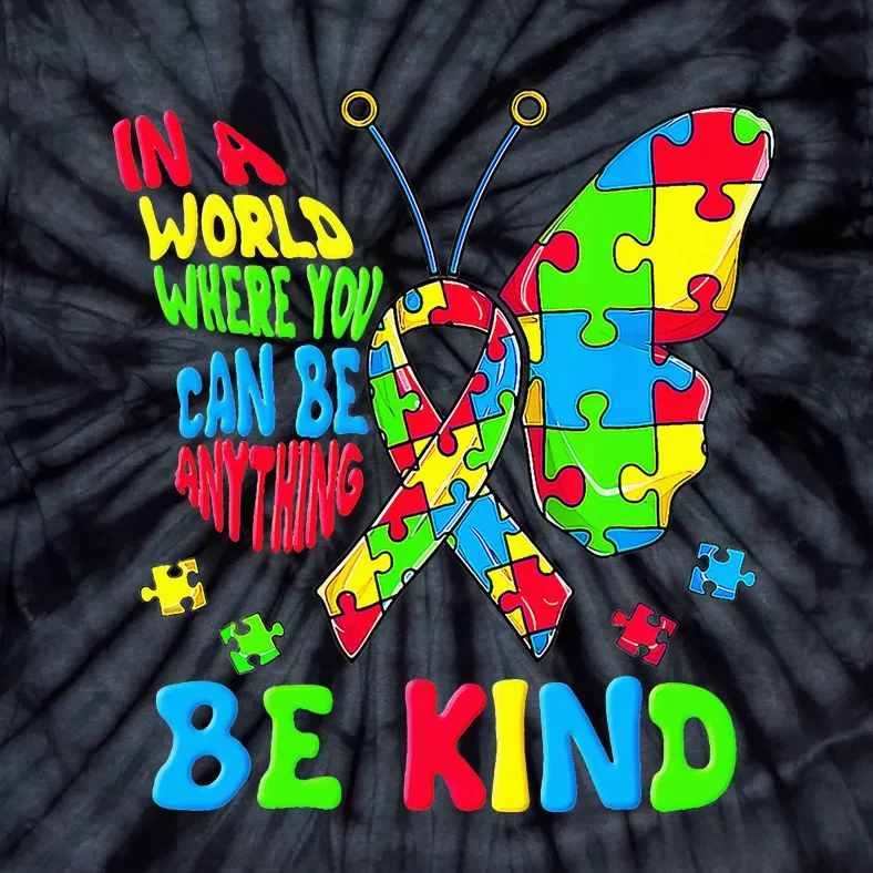 Be Kind Autism Awareness Kindness Puzzle Ribbon Butterfly Tie-Dye T-Shirt