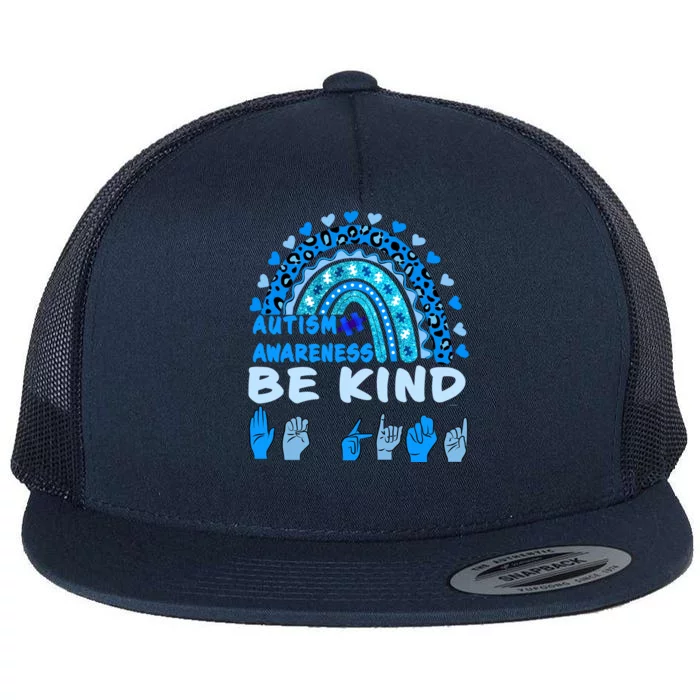 Be Kind Autism Awareness Rainbow Trendy BoHo Rainbow Leopard Print Flat Bill Trucker Hat