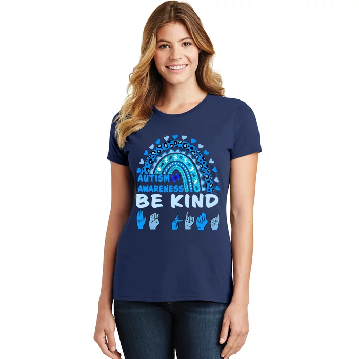 Be Kind Autism Awareness Rainbow Trendy BoHo Rainbow Leopard Print Women's T-Shirt