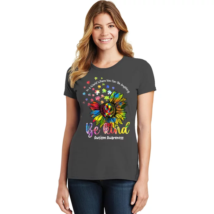 Be Kind Autism Awareness Puzzle Pieces Sunflower Autism Mom Women's T-Shirt