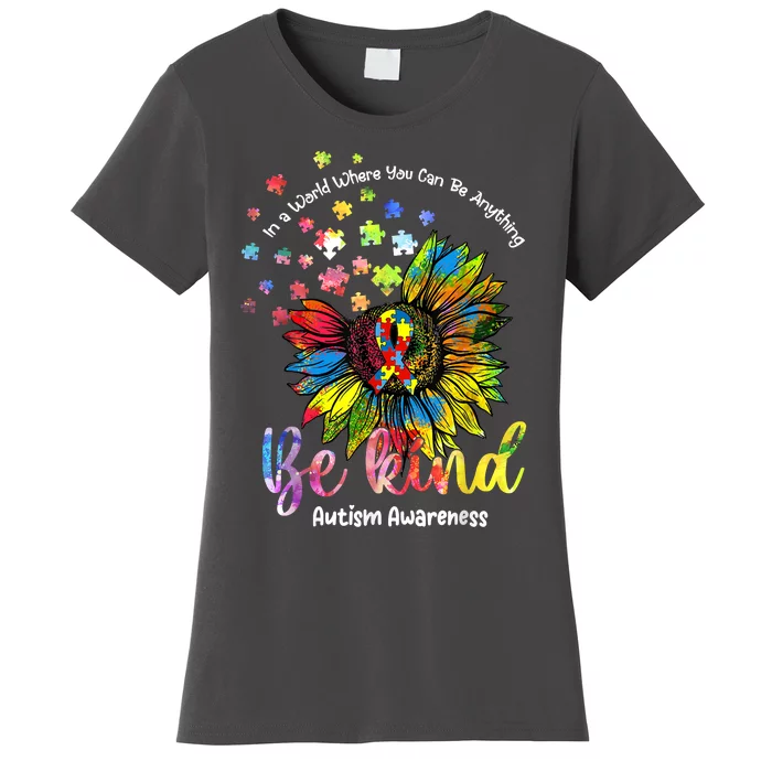 Be Kind Autism Awareness Puzzle Pieces Sunflower Autism Mom Women's T-Shirt