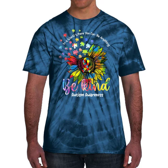 Be Kind Autism Awareness Puzzle Pieces Sunflower Autism Mom Tie-Dye T-Shirt