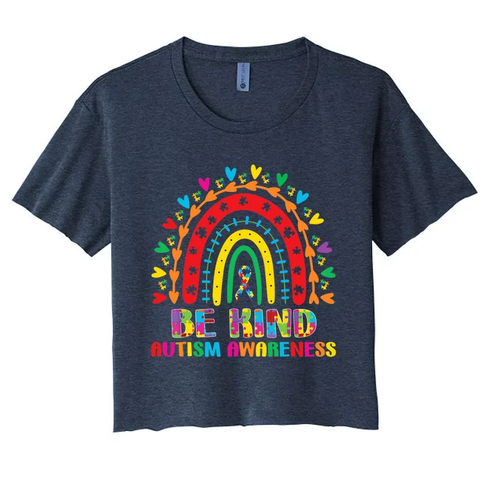 Be Kind Autism Awareness Rainbow Puzzle Piece Mom Dad Wo Women's Crop Top Tee