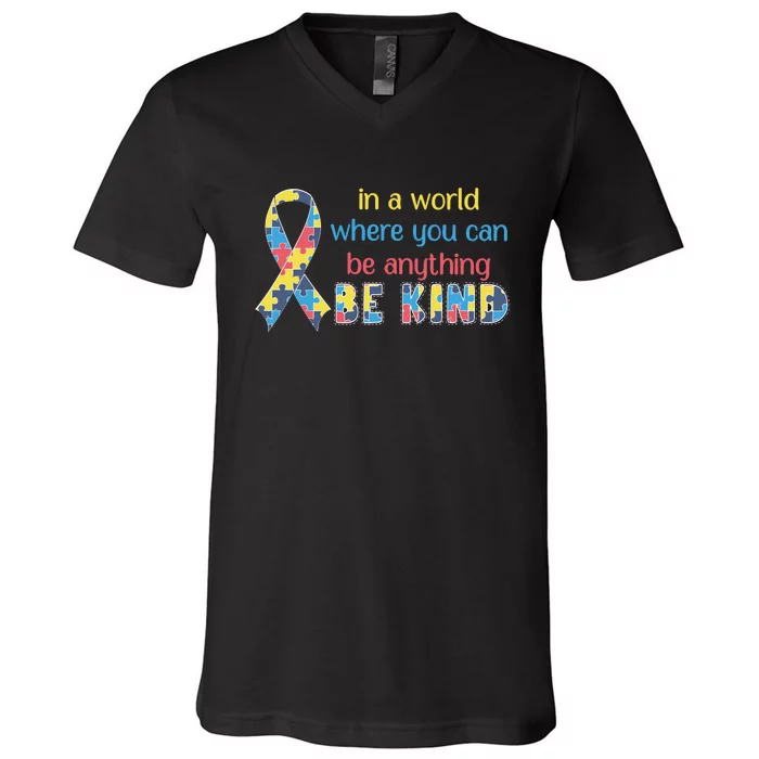 Be Kind Autism Awareness Kindness Puzzle Ribbon Gift V-Neck T-Shirt