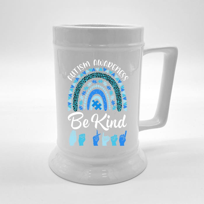 Be Kind Autism Awareness Sign Language Puzzle Piece Rainbow Gift Front & Back Beer Stein