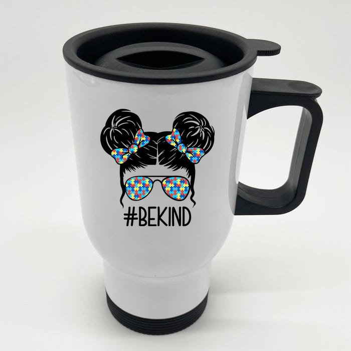 Be Kind Autism Awareness Female Bun Front & Back Stainless Steel Travel Mug