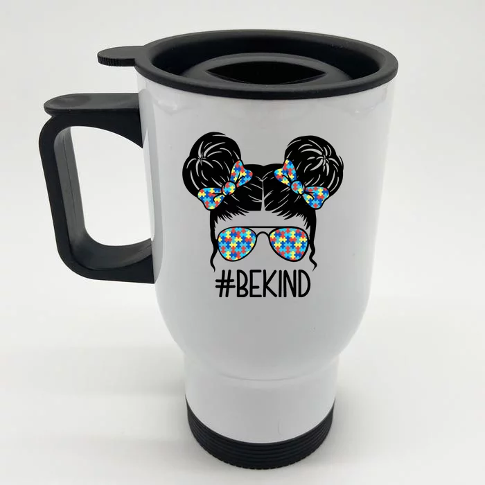 Be Kind Autism Awareness Female Bun Front & Back Stainless Steel Travel Mug