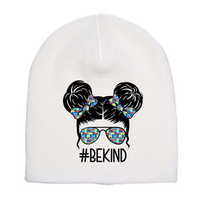 Be Kind Autism Awareness Female Bun Short Acrylic Beanie